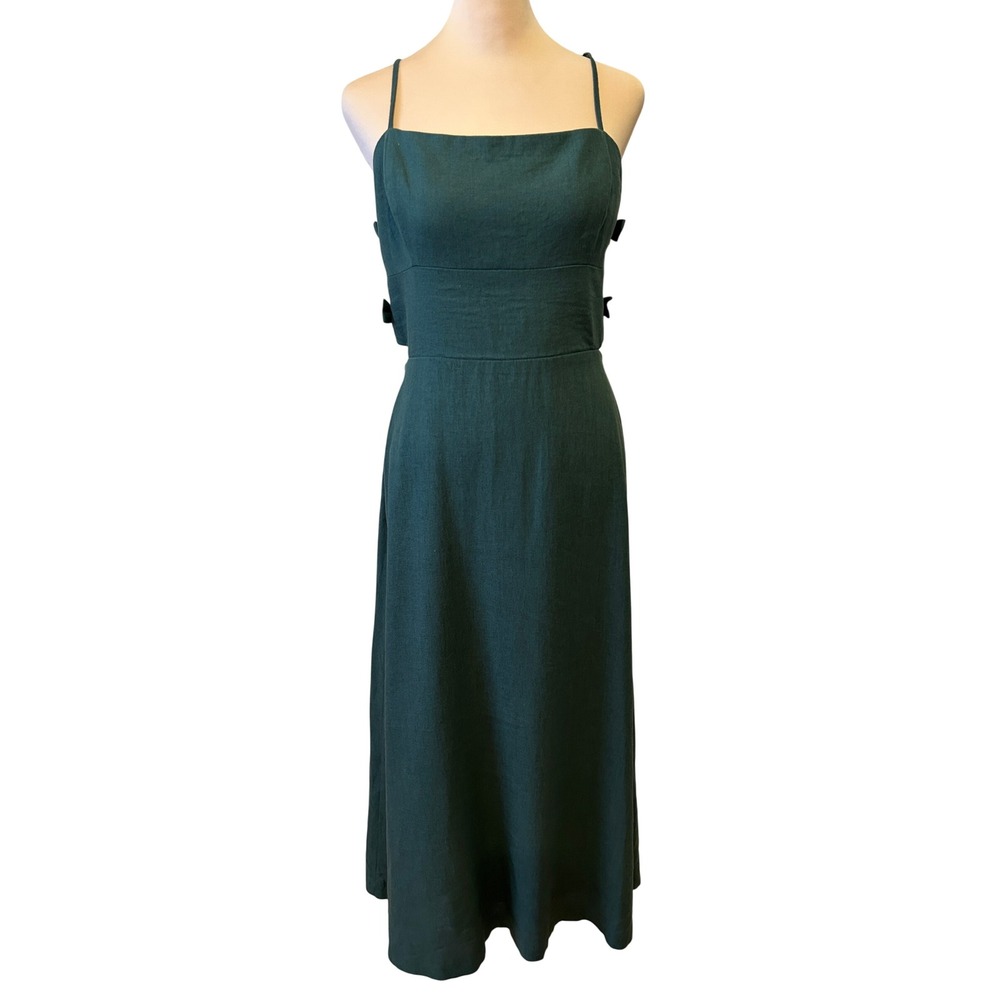 WAYF Midi Dress Size L Green Linen Blend Side Bow Cutouts Smocked Earthy Fairy